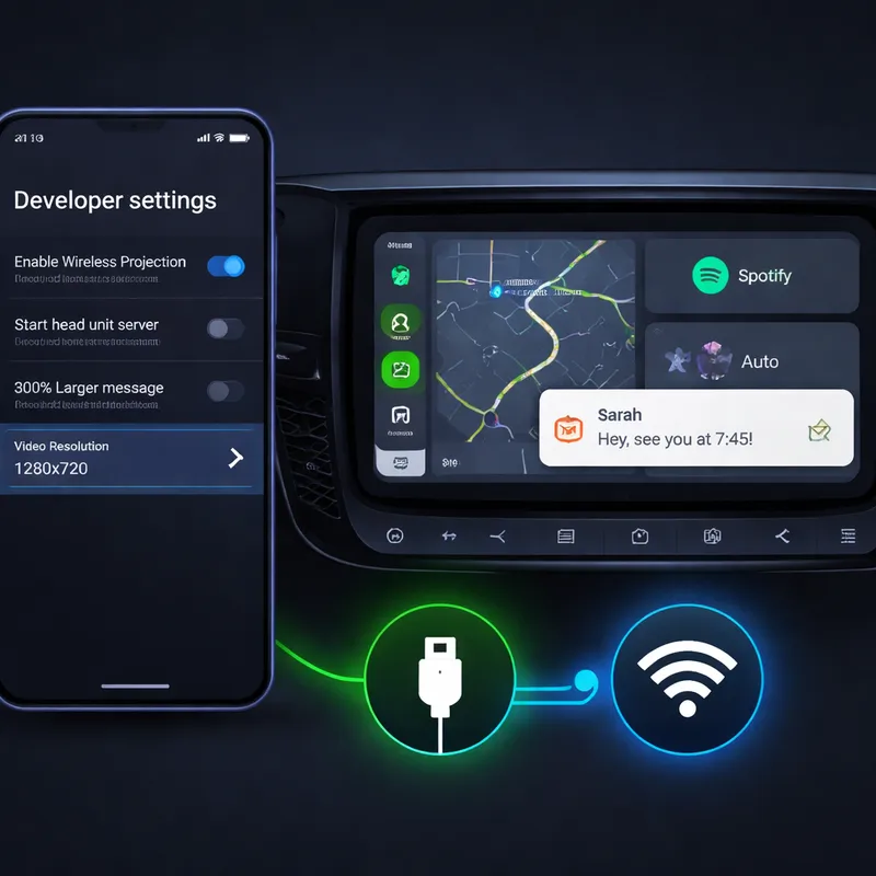 Android Auto developer settings with video resolution and notification scaling