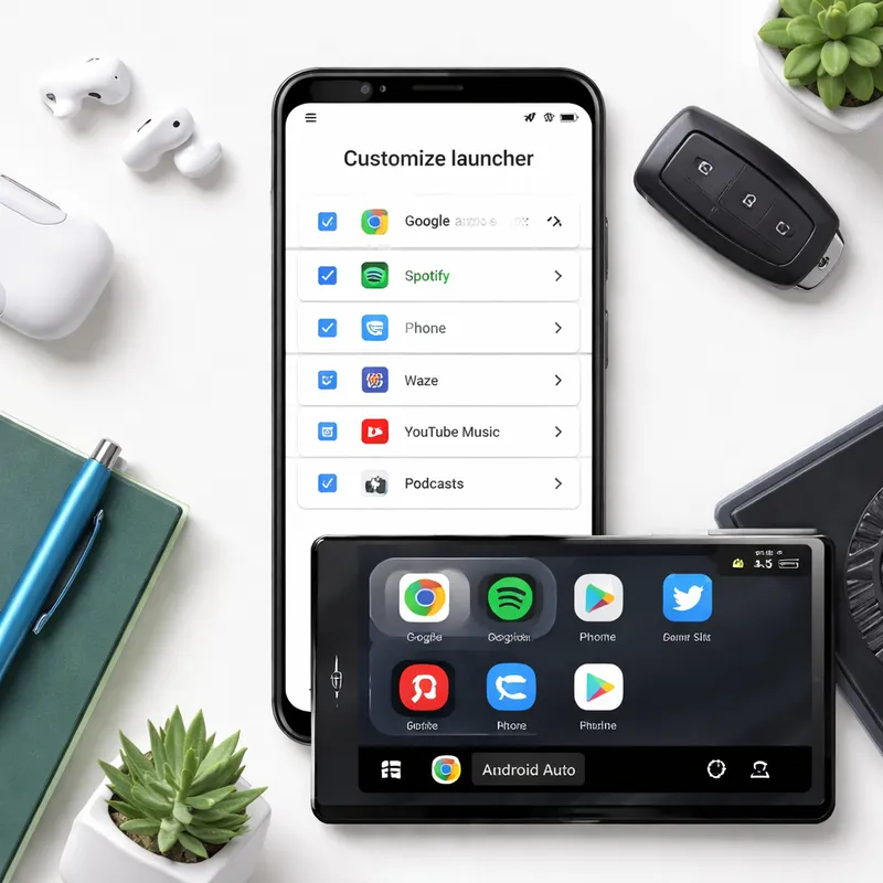 Phone screen showing Android Auto launcher customization and app reordering