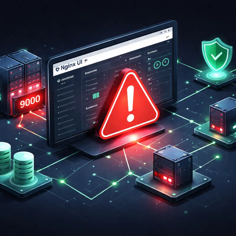 Illustration of an exposed nginx-ui management dashboard under active exploitation risk