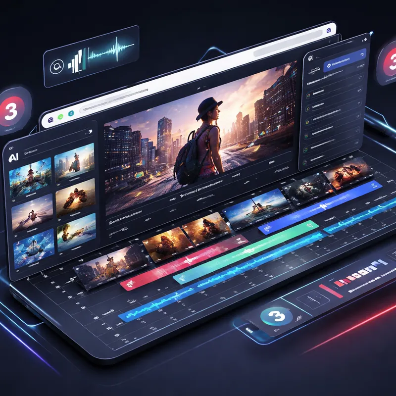 Concept image of Adobe Firefly style AI video editing interface with timeline and media panels.