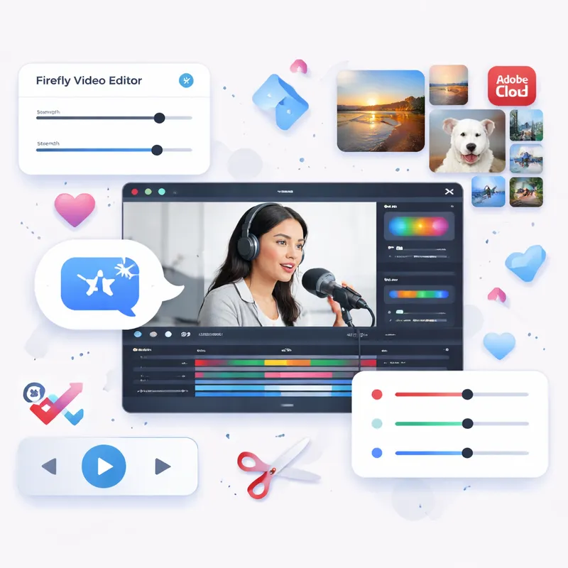 Illustration showing Firefly Video Editor audio cleanup tools, color controls, and Adobe Stock integration.