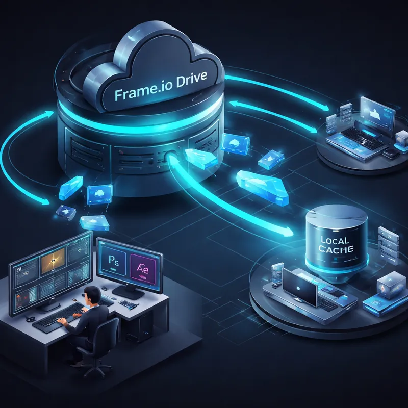 Diagram showing Frame.io Drive mounting shared projects locally for real-time creative collaboration.