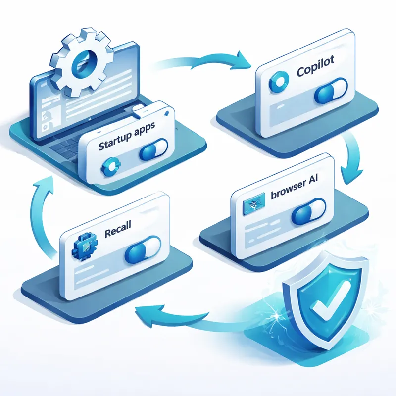 Step-by-step visual showing how to disable or control AI features on Windows 11