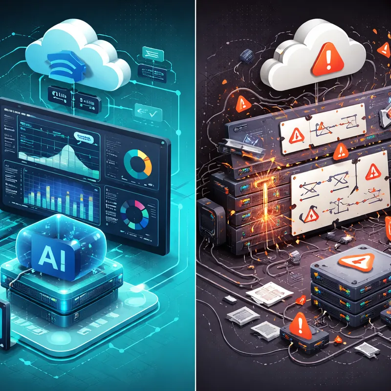 Illustration comparing perceived AI readiness with broken disaster recovery execution