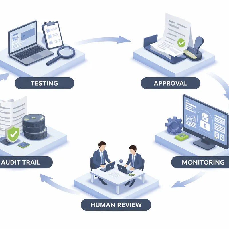 Process diagram showing AI governance steps from testing to human review and audit