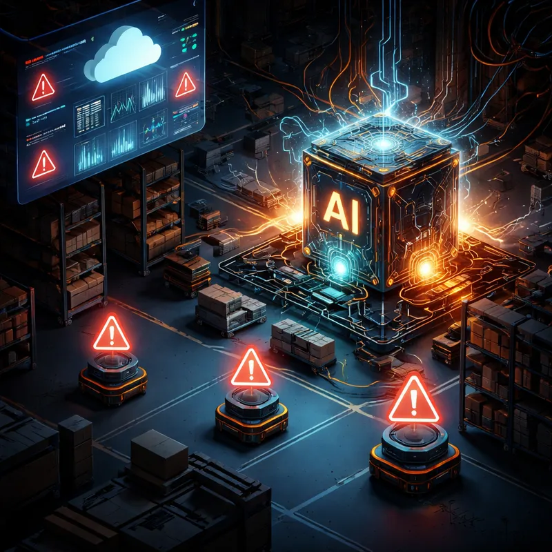 Illustration of Amazon-style AI systems connecting warehouse robots, cloud tools, and warning alerts