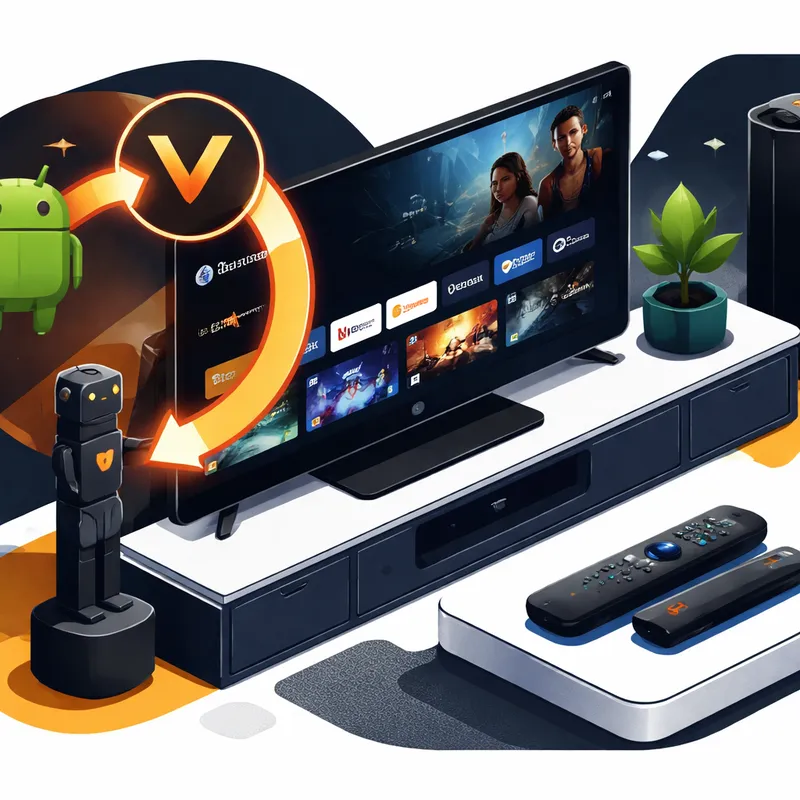 Illustration of a Fire TV Stick transitioning from Android-based software to Vega OS on a TV screen