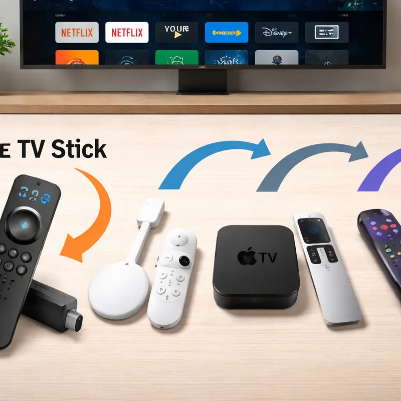 Streaming device comparison featuring Fire TV Stick, Google TV, Apple TV, and Roku