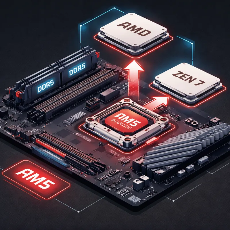 Diagram-style image showing how an existing AM5 motherboard and DDR5 memory could support a future CPU upgrade.