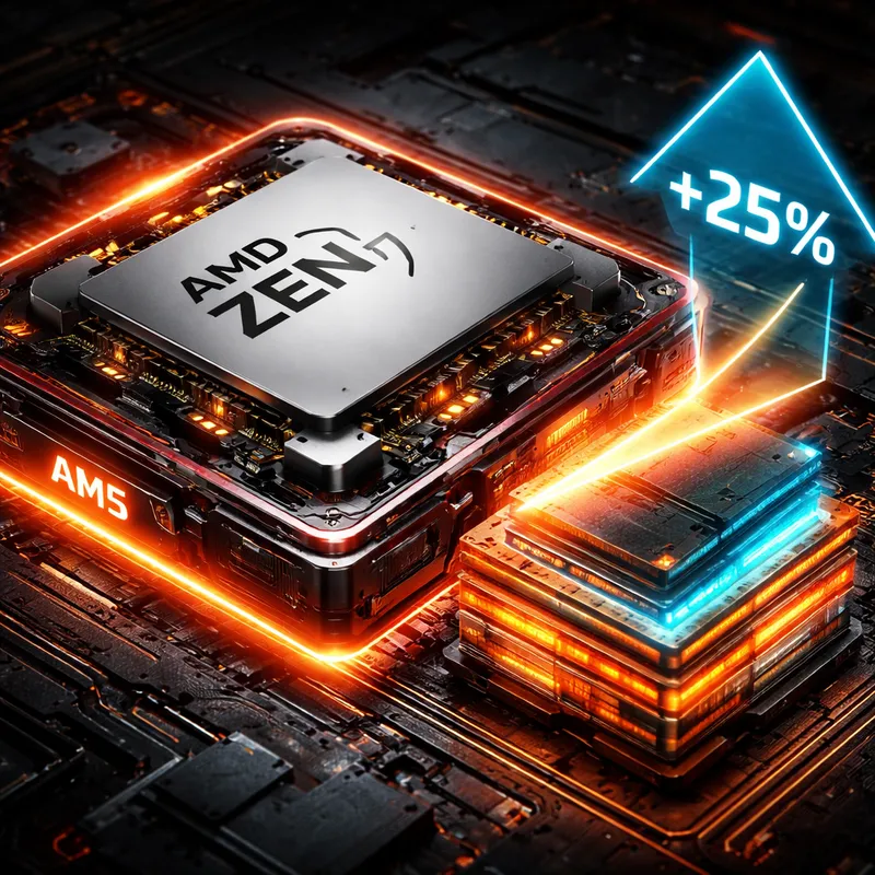 Concept image of a next-generation AMD CPU in an AM5 socket with a highlighted 25 percent performance uplift.