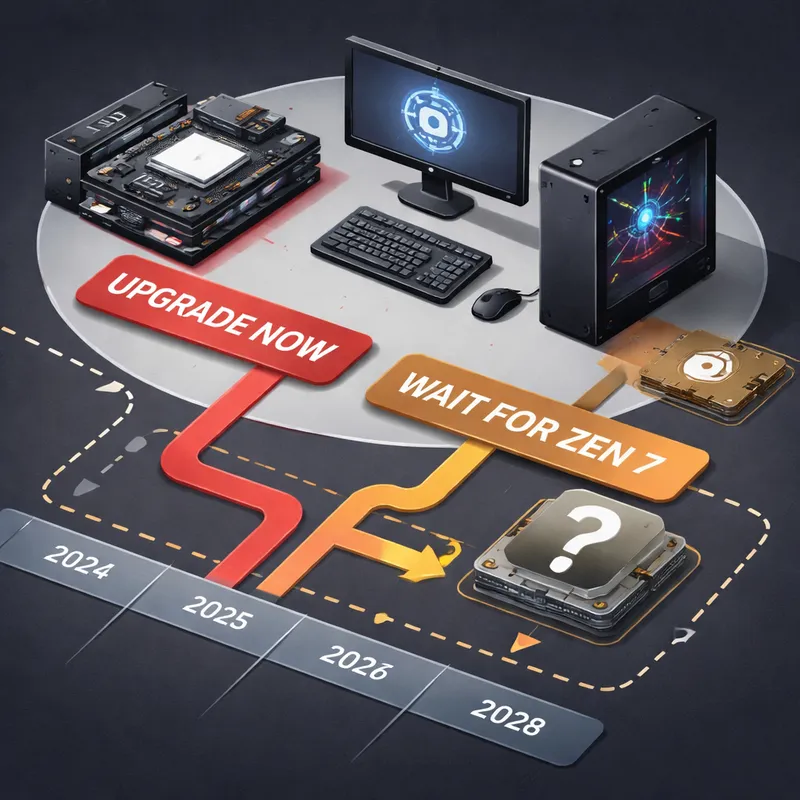 Decision-style graphic showing whether PC users should upgrade now or wait for a future AM5 CPU generation.