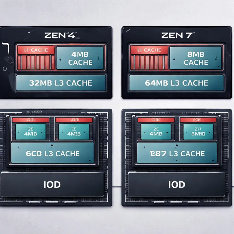 Comparison illustration of CPU core and chiplet layouts emphasizing larger L2, L3, and V-Cache designs.