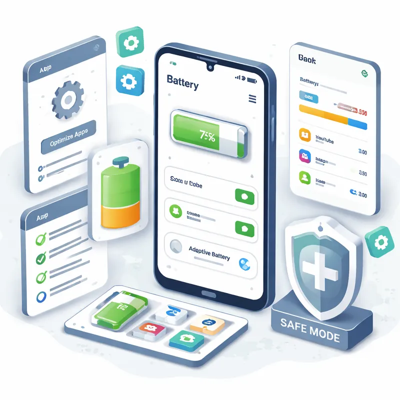Illustration of Android battery troubleshooting steps including battery usage and Safe Mode