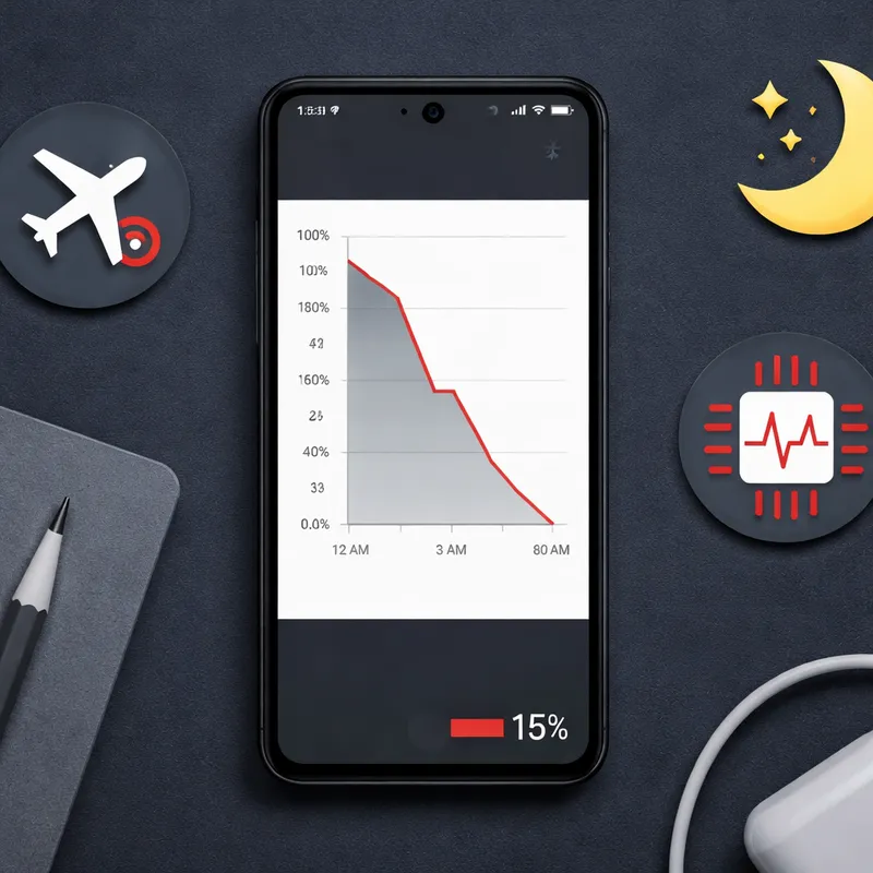 Phone showing overnight battery drain with airplane mode and idle icons