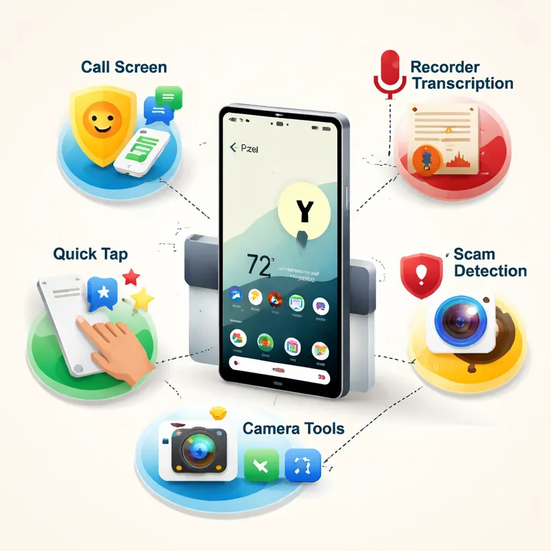 Infographic illustration of key Pixel features including Call Screen, transcription, Quick Tap, scam detection, and camera tools.