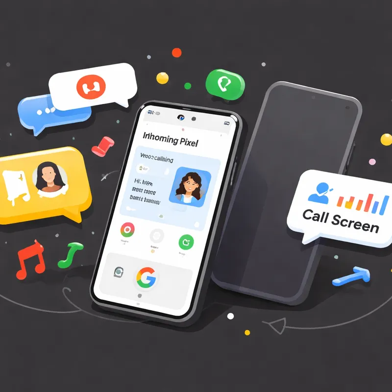 Illustration of a Pixel phone with Reddit discussion bubbles about Call Screen and Now Playing compared with another Android phone.