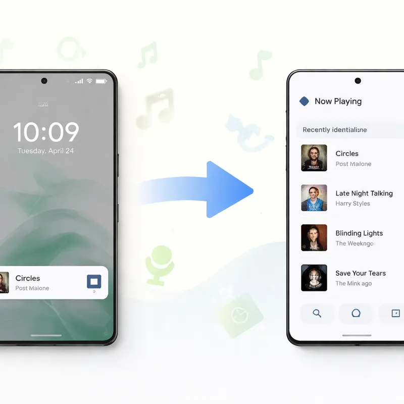 Side-by-side concept showing old lock screen music recognition and the new standalone Now Playing app with song history.