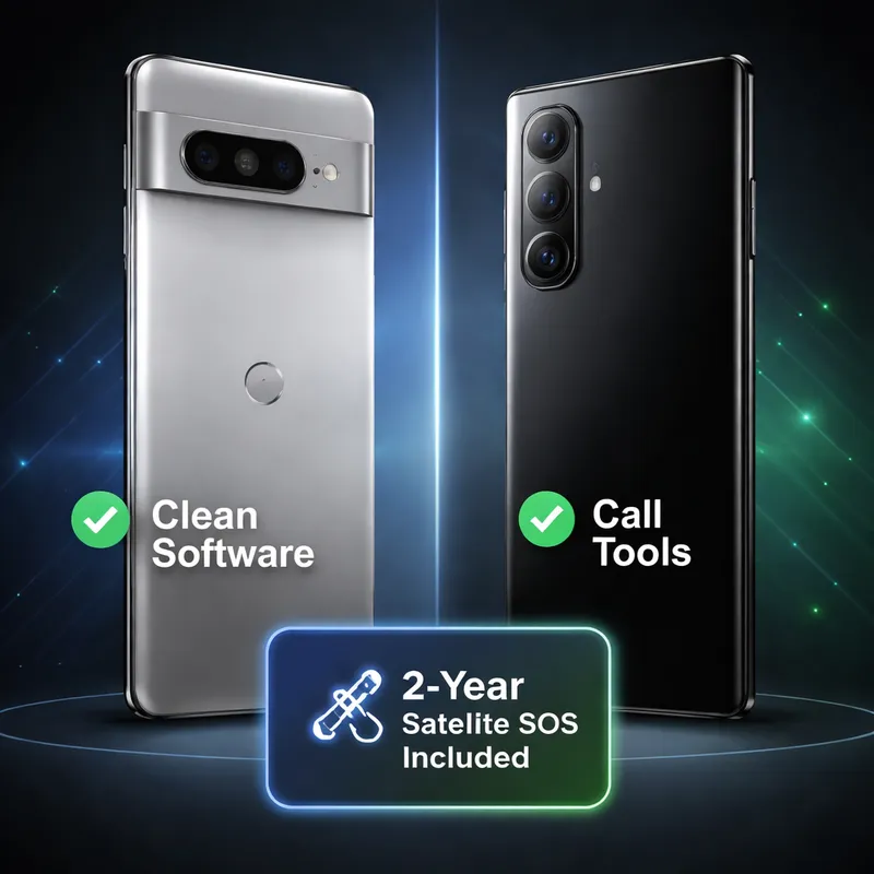 Comparison illustration showing reasons to buy a Pixel in 2026, including clean software, call tools, and two years of included Satellite SOS.