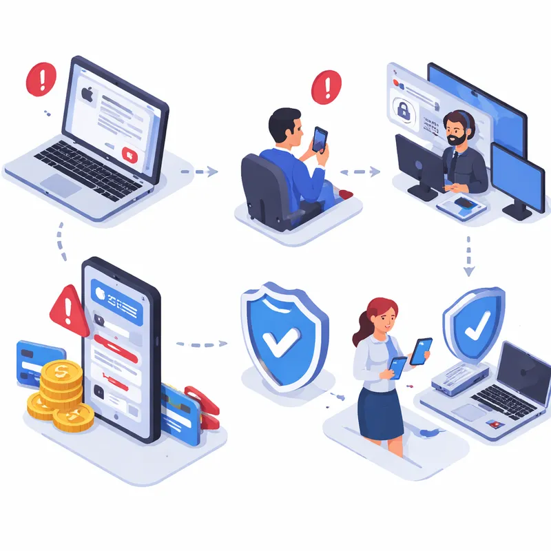 Diagram showing how a fake Apple callback scam moves from email to financial theft