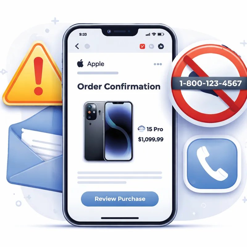 Fake Apple purchase notification email with a warning symbol and blocked callback number