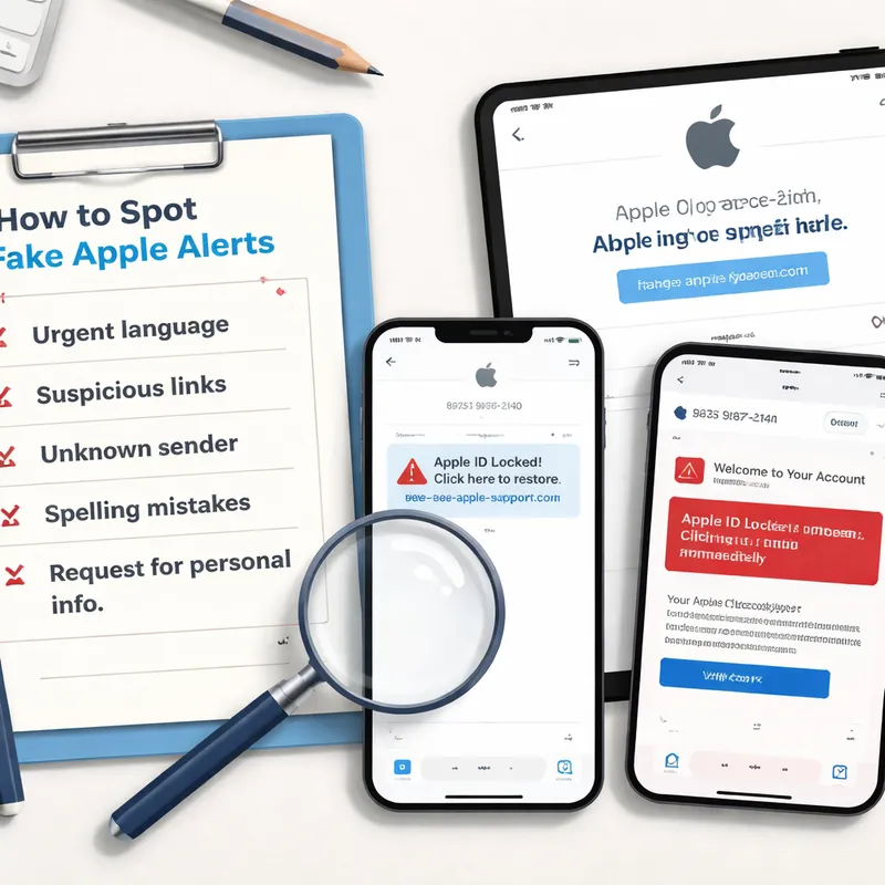Checklist showing how to verify an Apple alert and spot phishing red flags