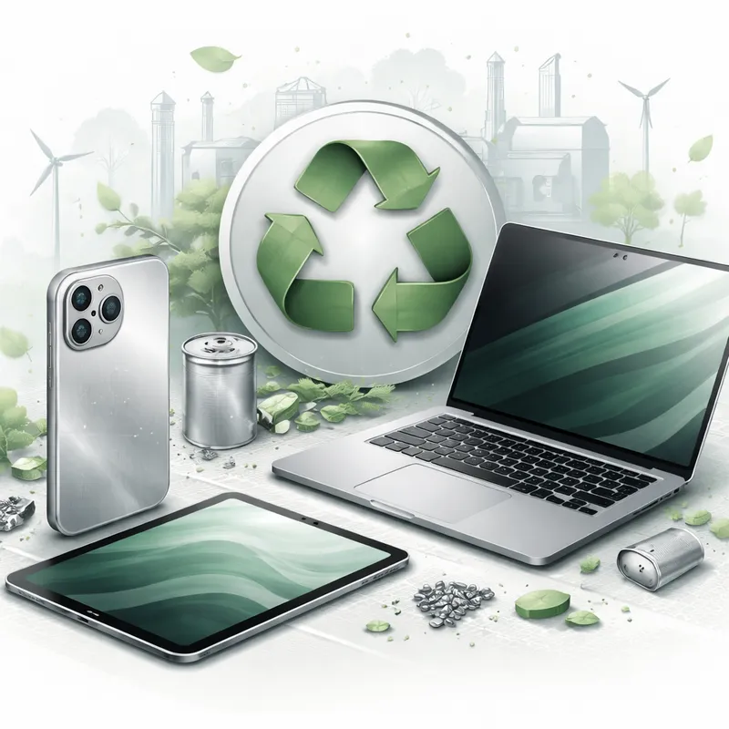 Illustration of Apple-style devices representing 30 percent recycled materials across 2025 products