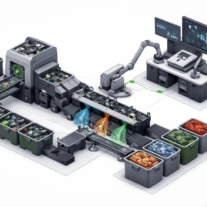Process diagram showing Apple Cora and A.R.I.S. recycling systems sorting electronic waste