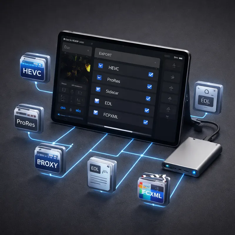 Export workflow from BlackRAW Visor showing proxies, sidecars, and edit handoff options