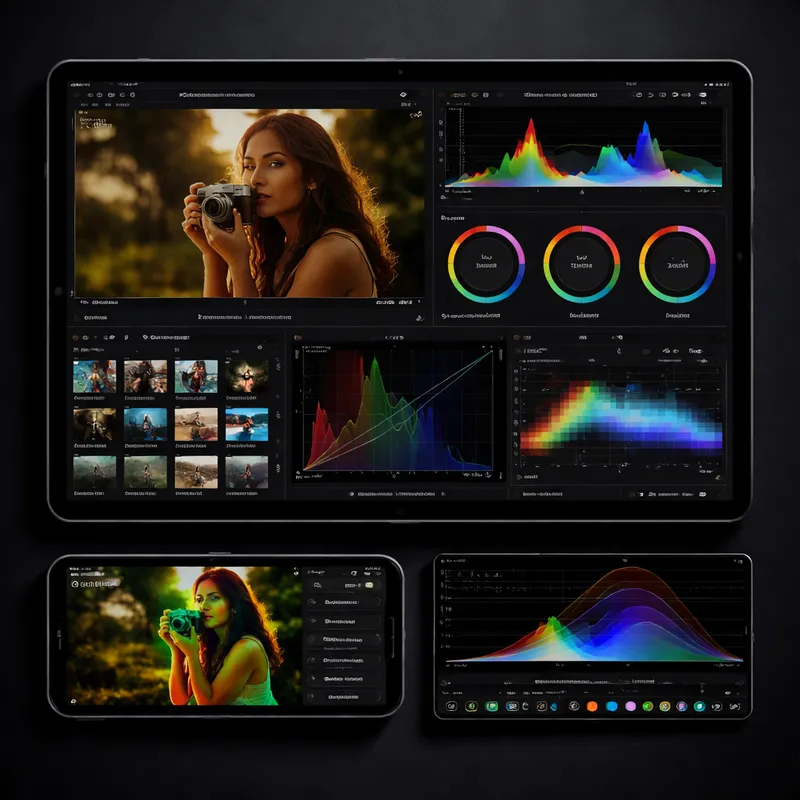 BRAW grading interface with LUT preview and monitoring tools on a tablet screen