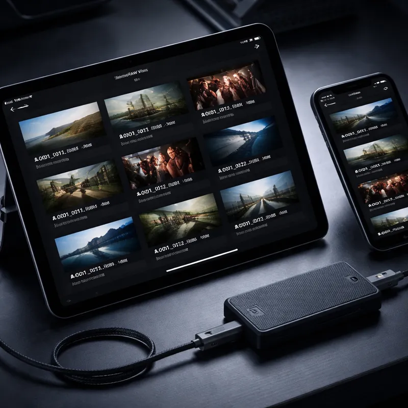 iPhone and iPad connected to an external SSD running a BRAW viewing workflow