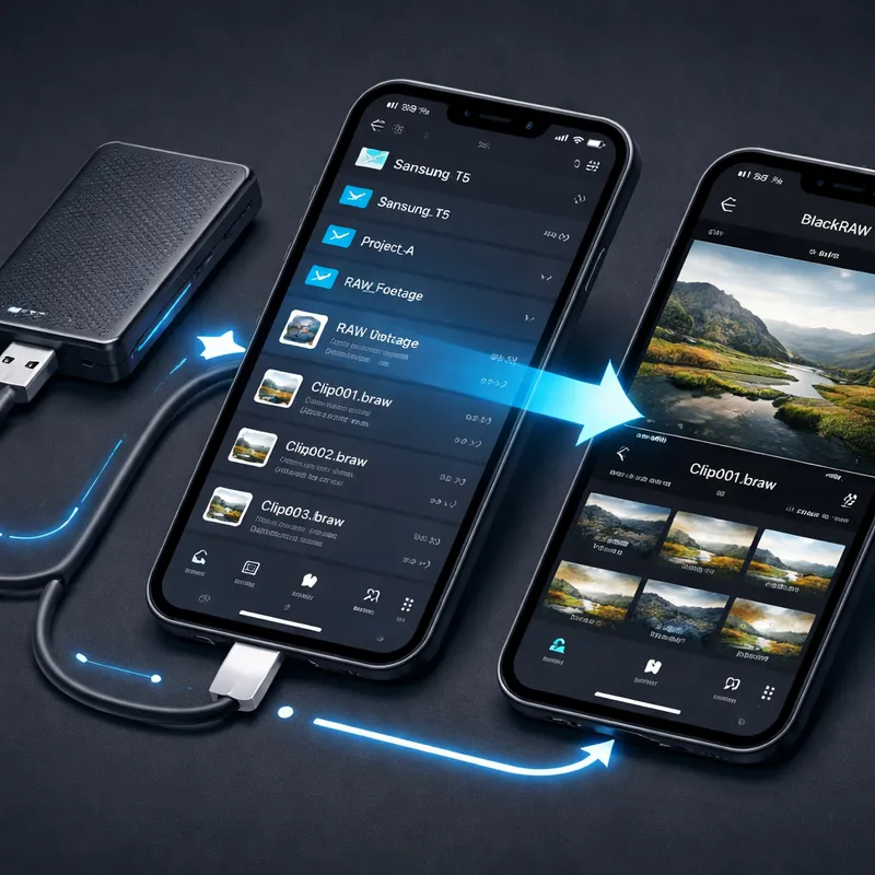 Step-by-step diagram showing a BRAW file opened directly from an external SSD on iPhone