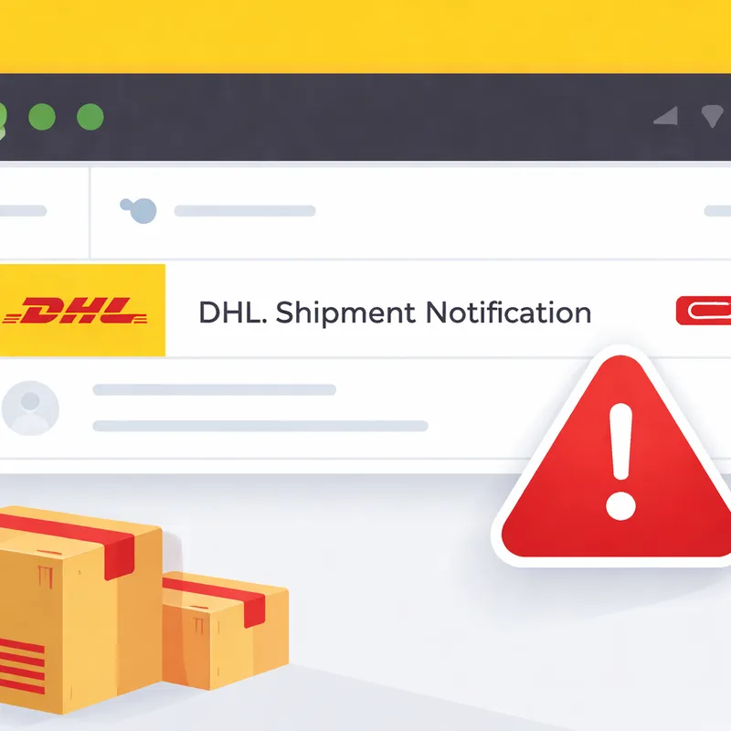 Fake DHL shipment email with suspicious attachment shown on a laptop screen