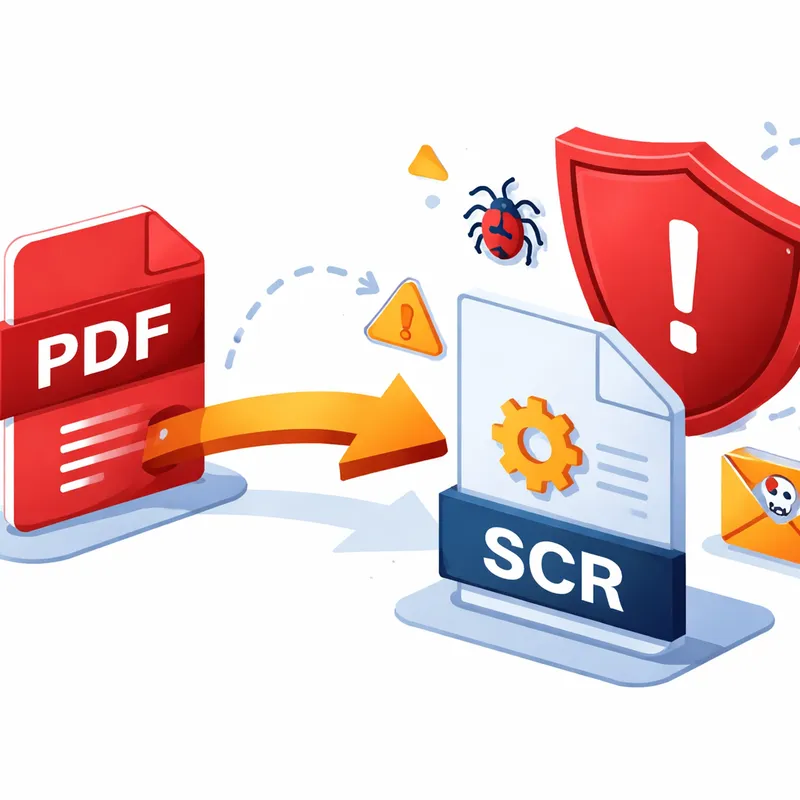 Diagram showing a fake PDF leading to a dangerous SCR executable download