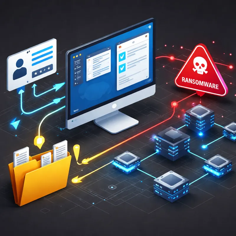 Visual showing how remote access malware can control a desktop, move files, and spread across a network