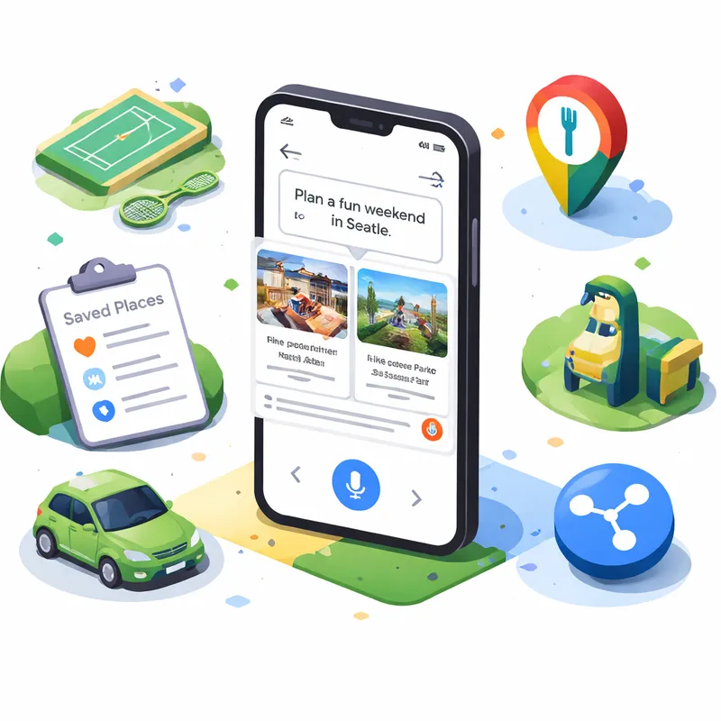 Ask Maps interface showing conversational travel questions, saved places, and planning tools.