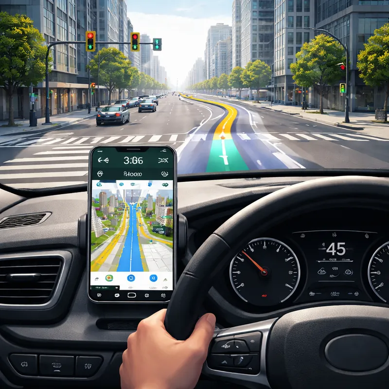 Driver view of Google Maps immersive 3D navigation with lane guidance and route details.