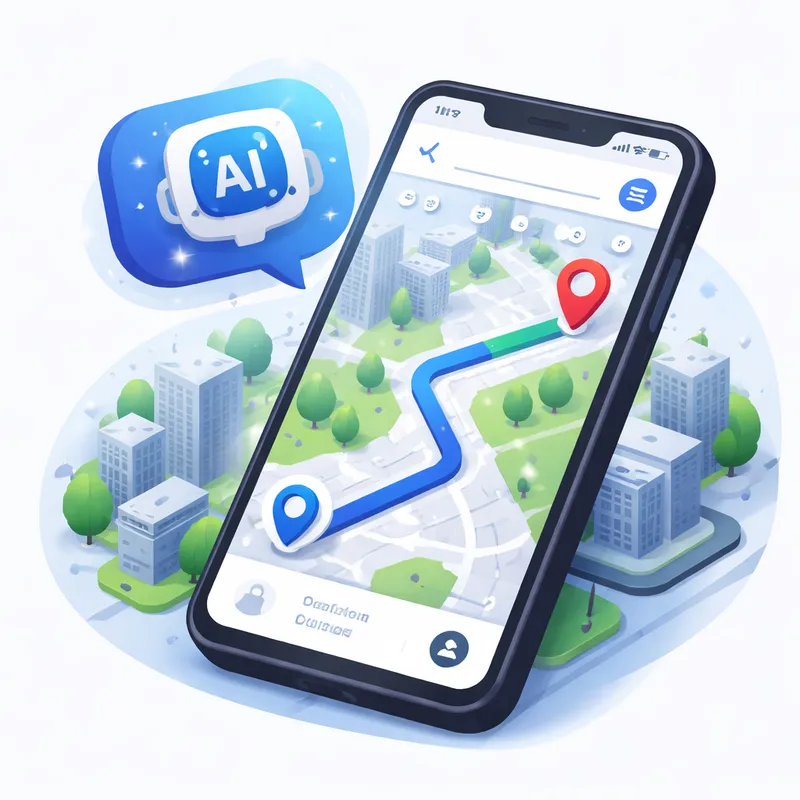 Smartphone displaying an AI-powered Google Maps route and conversational trip planning interface.