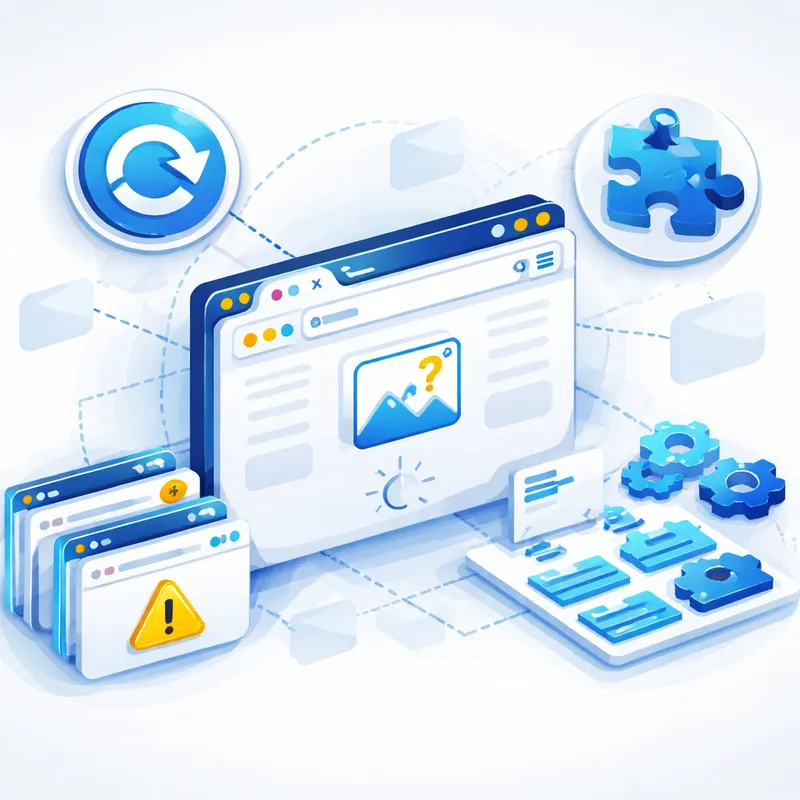 Isometric diagram showing cache, extensions, and tabs affecting Chrome page loading