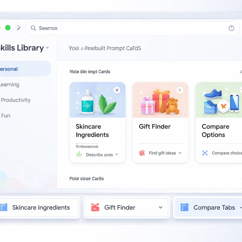 Mockup of a Skills Library in Chrome with prebuilt Gemini prompt cards that users can save and edit.