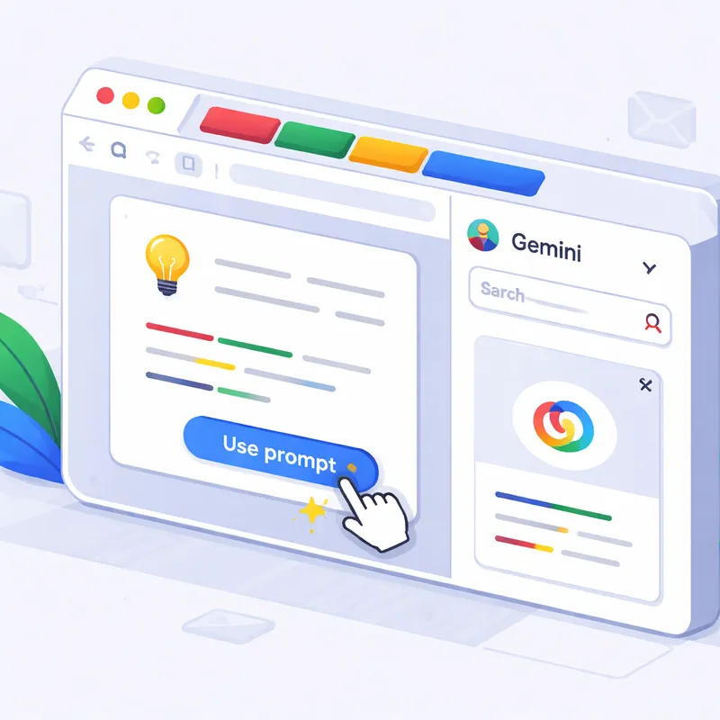 Illustration of Chrome with the Gemini sidebar showing a reusable prompt that can be launched with one click.