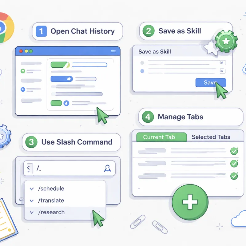 Process diagram showing how to save a Gemini prompt as a Skill and run it later in Chrome.