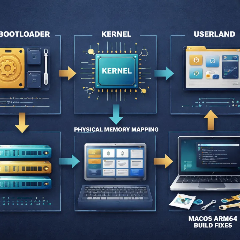 Diagram-style illustration showing the key technical fixes behind Haiku's ARM64 boot milestone