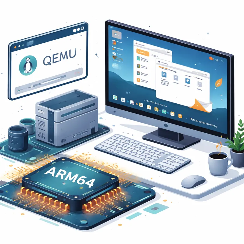 Illustration of Haiku OS booting to a desktop on ARM64 inside QEMU