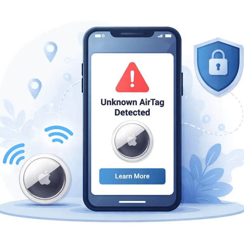 Phone displaying an unknown AirTag tracking alert next to an Apple AirTag