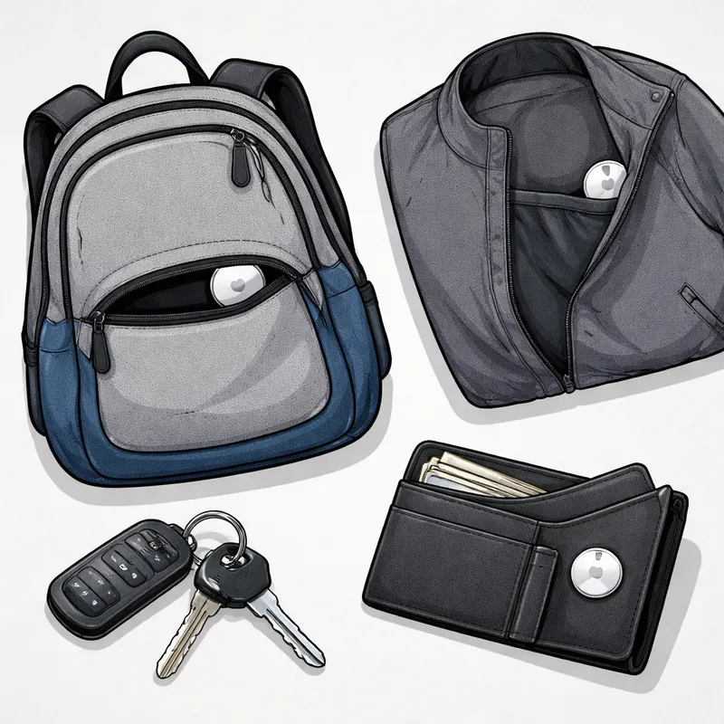 Common personal items being checked for a hidden AirTag