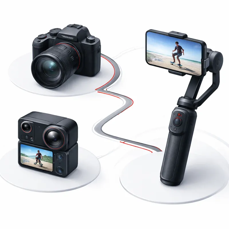 Concept image showing Insta360 camera ecosystem including mirrorless-style body, action camera, and gimbal