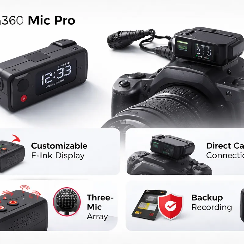 Insta360 Mic Pro wireless microphone with E-Ink display and direct connection concept