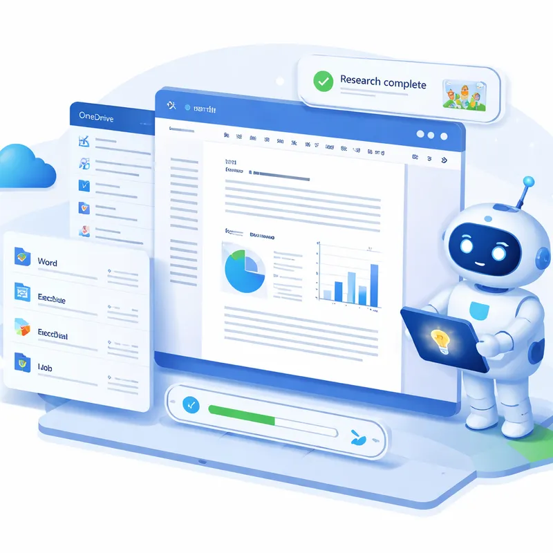 Illustration of Microsoft 365 Researcher using files and showing progress through the Windows 11 taskbar.