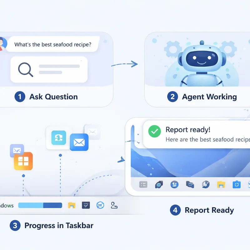 Diagram showing how a Windows 11 taskbar AI agent handles a question, runs in the background, and returns a report.