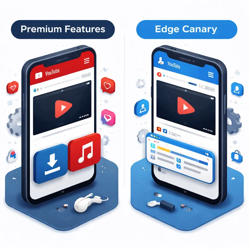Comparison of YouTube Premium features versus Edge Canary background playback on mobile